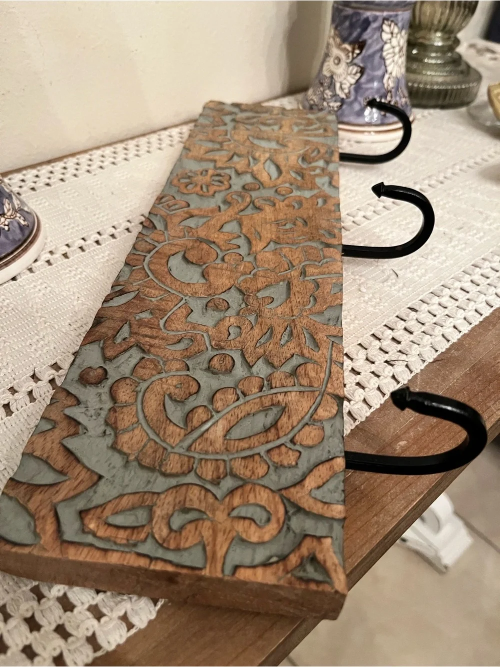 Handcrafted Floral Carved Wooden Wall Hook - Blue and Brown